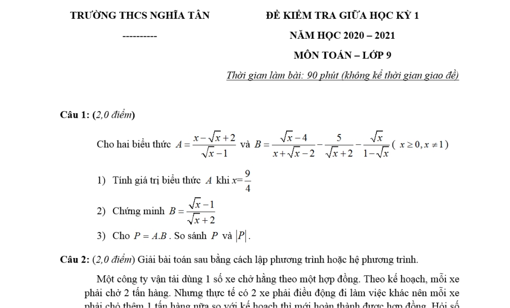 Toán 9: Đề kiểm tra giữa học kỳ 1. Trường THCS Nghĩa Tân năm học 2020-2021